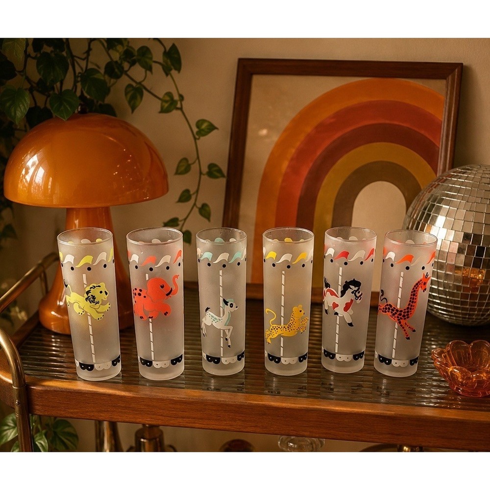Vintage Libby Carousel Circus Animal Glasses Frosted Set of 6 MCM